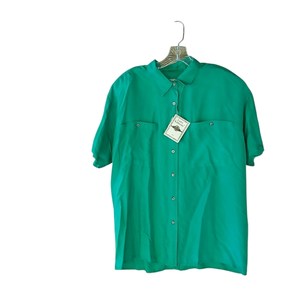 Laura Katherine Vintage Deadstock Green Short Sleeved Washable Silk Shirt Large